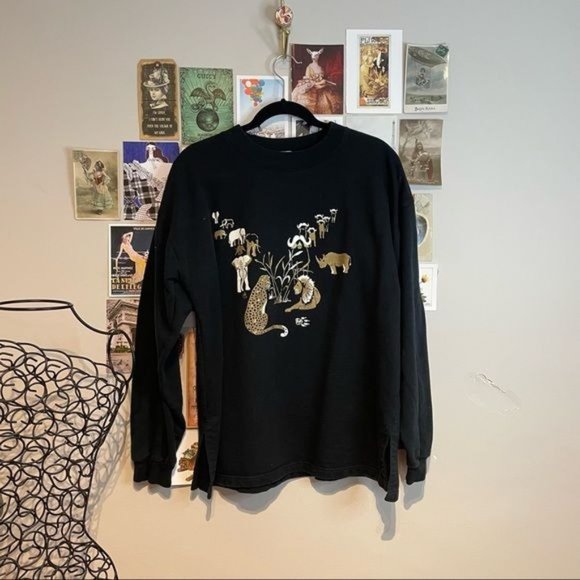 VINTAGE METALLIC GLITTER SPARKLE SAFARI WILD ANIMALS BIG CAT SWEATSHIRT BLACK L - Picture 1 of 5